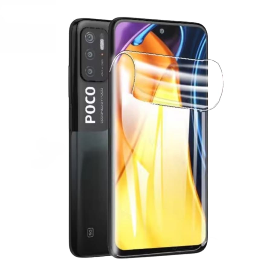 Hydrogel screen protector for POCO M3 Pro 5G by 9eight5, showing a transparent protective layer on a smartphone screen.