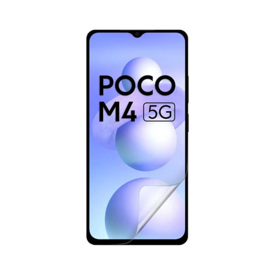 Hydrogel screen protector for POCO M4 5G by 9eight5, showing a clear, flexible protective layer installed on a smartphone screen.