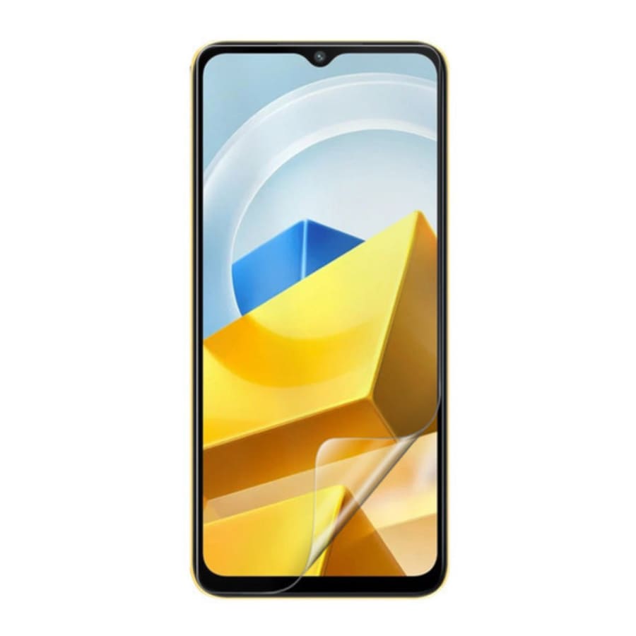 Two 9eight5 hydrogel screen protectors for POCO M5 smartphone, providing durable and clear protection for the screen.