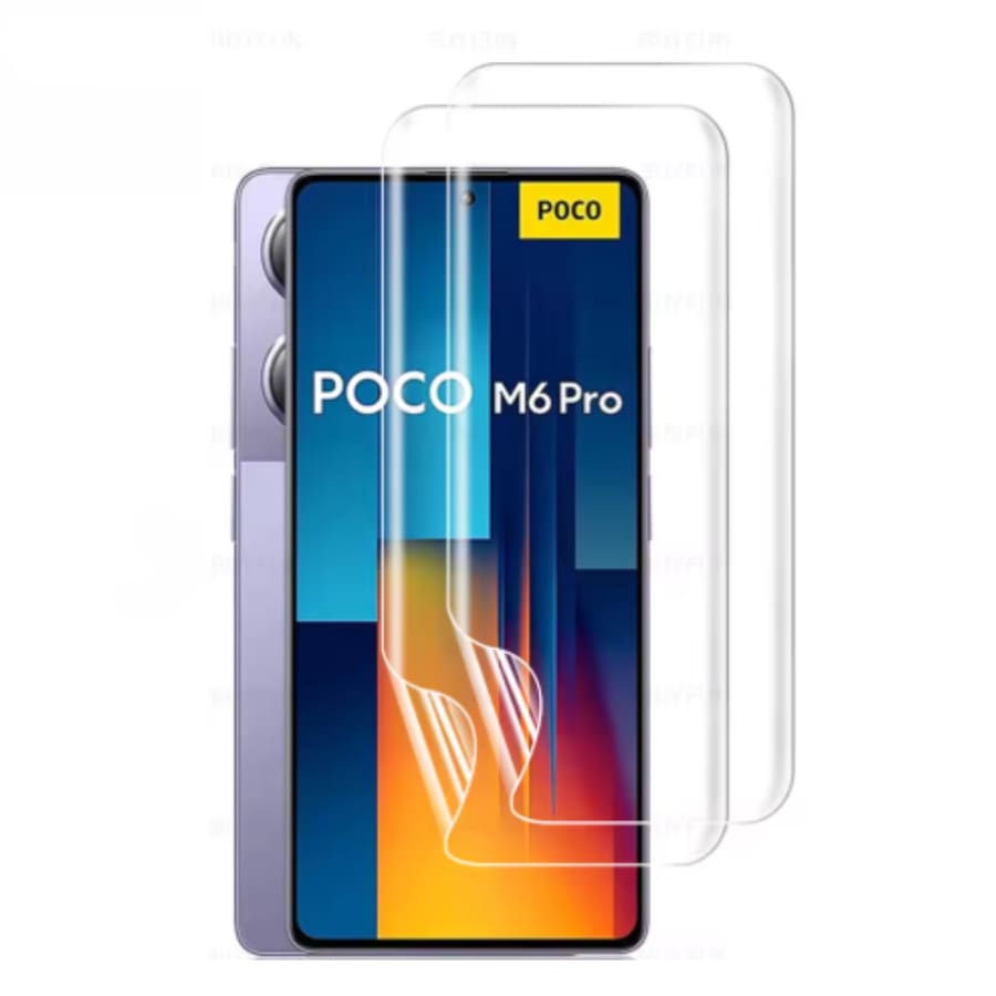 Two hydrogel screen protectors for POCO M6 Pro 4G by 9eight5, designed to shield the phone’s display from scratches and impacts.