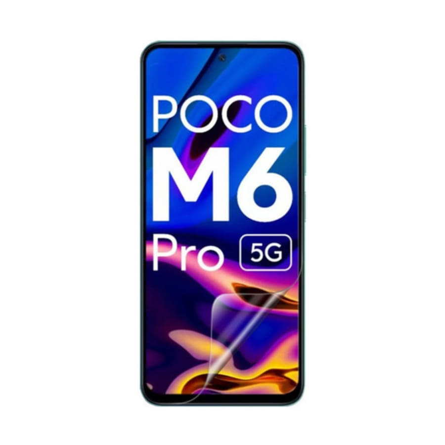 Hydrogel screen protector for POCO M6 Pro 5G by 9eight5, showing a close-up of the transparent, flexible film on the phone screen.