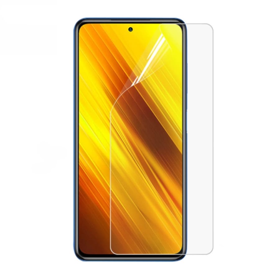 Hydrogel screen protector for POCO X3 by 9eight5, showing clear, flexible film covering the phone screen for protection.