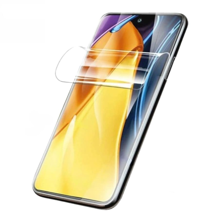 Hydrogel screen protector for POCO X4 GT by 9eight5, showing a clear, flexible film covering the phone screen.