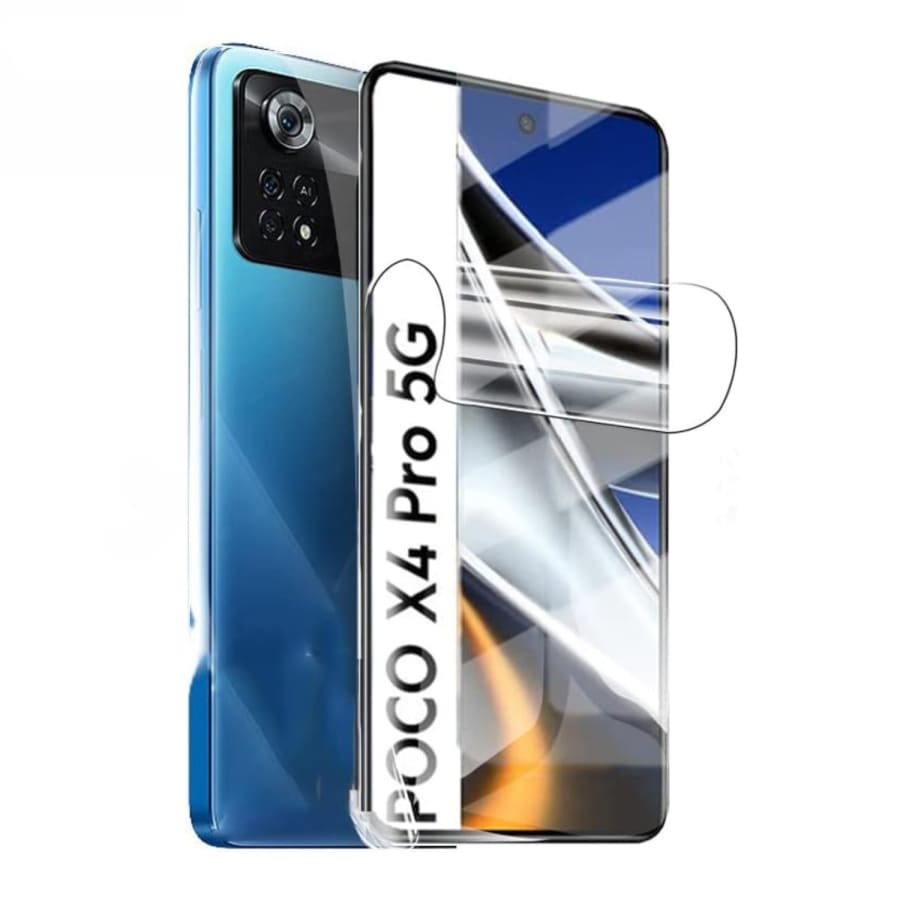 Hydrogel screen protector for POCO X4 Pro 5G by 9eight5, showing the clear, flexible film ready to protect the phone screen.