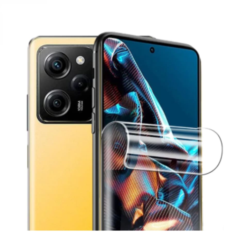 Hydrogel screen protector for POCO X5 by 9eight5, pack of 2, showing the clear, flexible screen protectors on a smartphone.