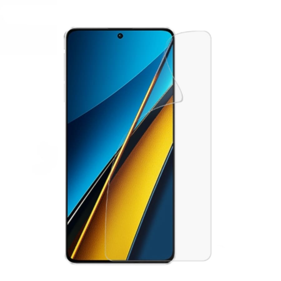 Two 9eight5 Hydrogel Screen Protectors for POCO X6 smartphone, showing clear, flexible protection for the device screen.