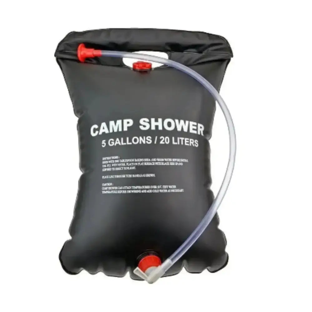 Habicare portable shower bag for camping and hiking, compact SS design with shower nozzle and adjustable strap for outdoor use