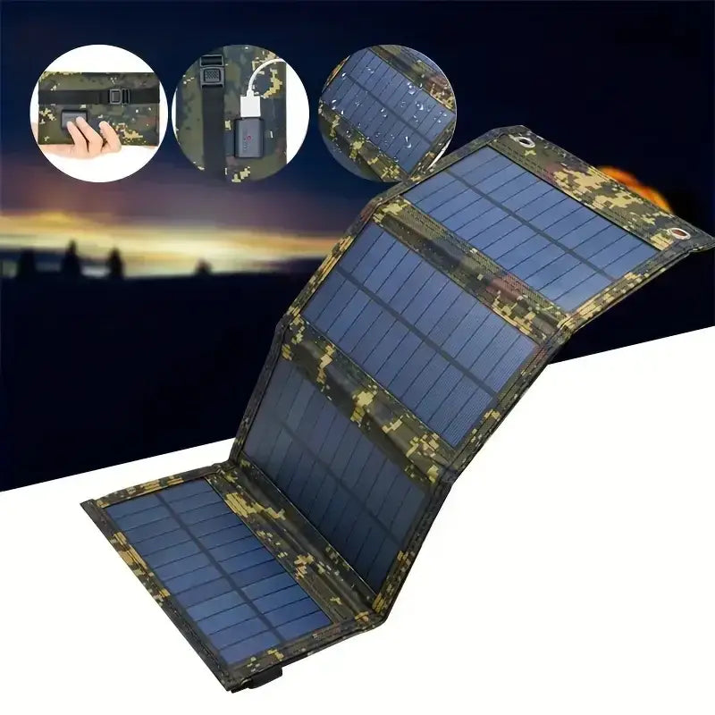 Foldable USB solar panel by Habicare, portable and compact for travel, designed to charge devices with foldable solar power technology.