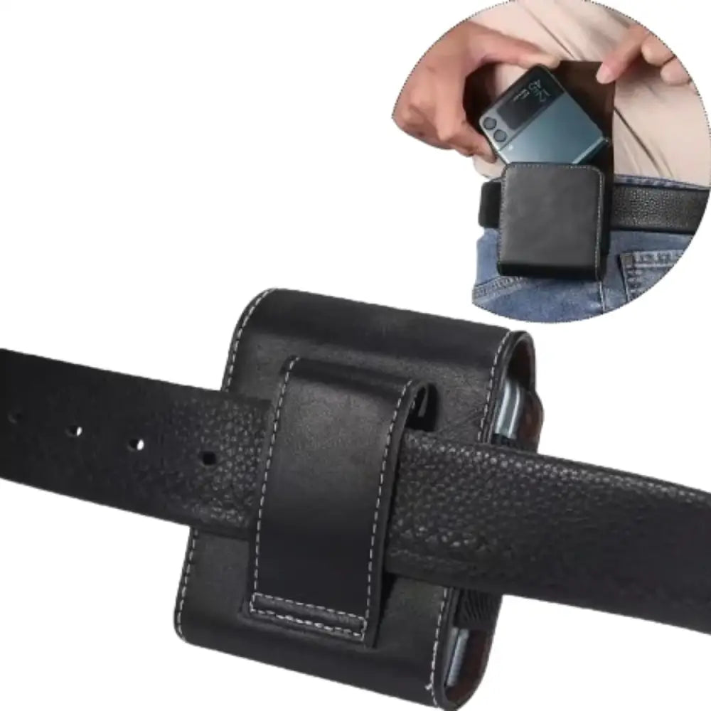 Black leather belt clip case by 9eight5 from Habicare, designed for secure attachment and stylish protection of small devices.