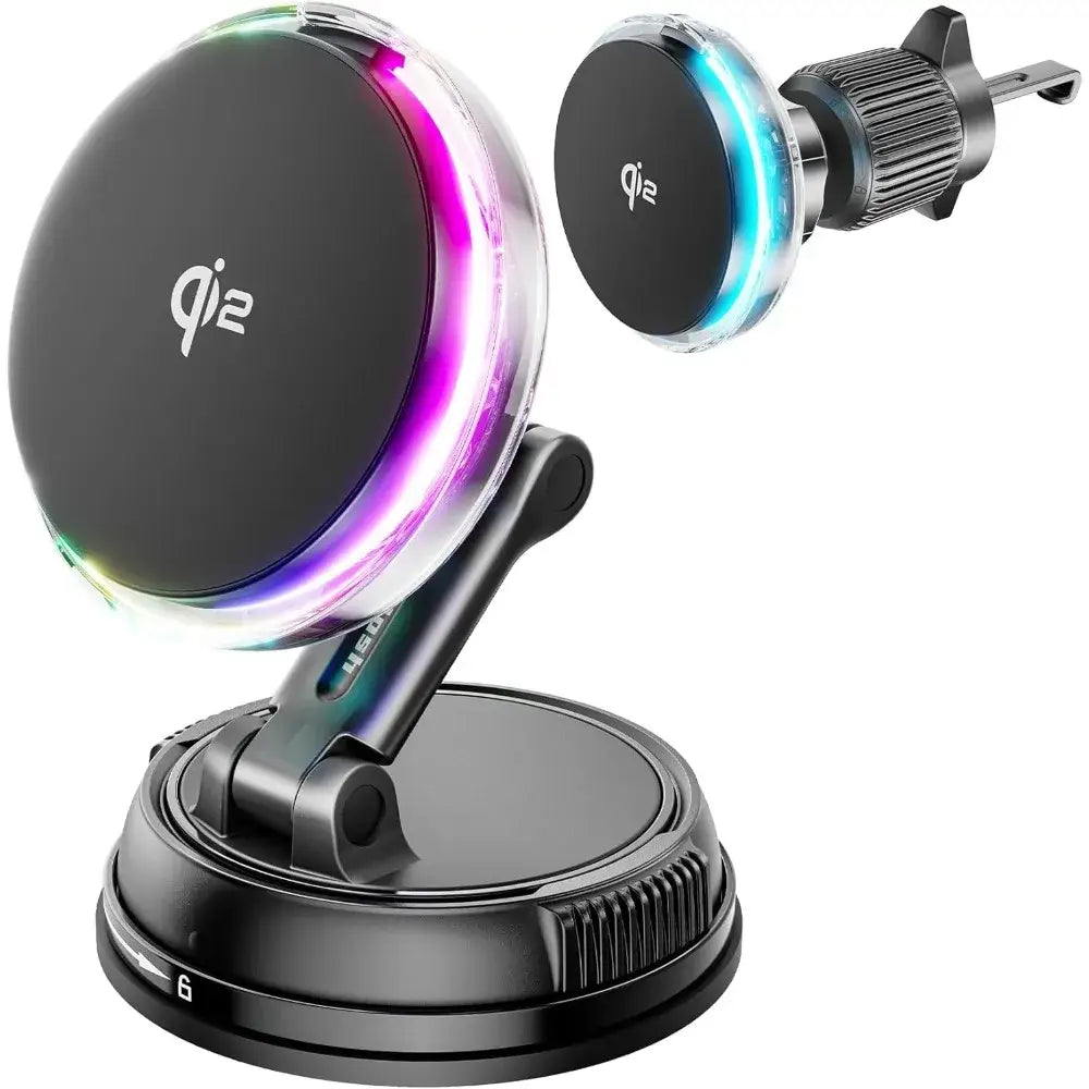 Habicare Qi2 15W Mag-Safe car mount charger in black, compatible with Mag-Safe devices, mounted inside a vehicle.