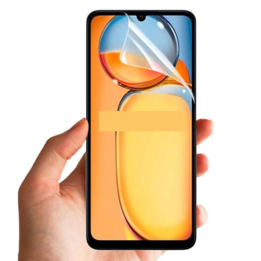 Hydrogel screen protector for Redmi 13C 4G by 9eight5, showing a clear, flexible film covering the phone screen in a pack of two.
