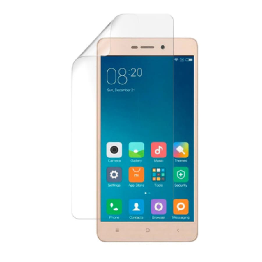 Hydrogel screen protectors for Redmi 3S by 9eight5, pack of 2, showing clear, flexible protector sheets on the phone screen.