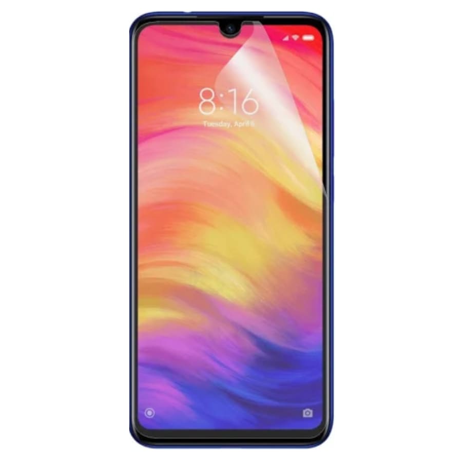 Hydrogel screen protector for Redmi 7 by 9eight5, pack of 2, showing clear, flexible film covering the phone screen.