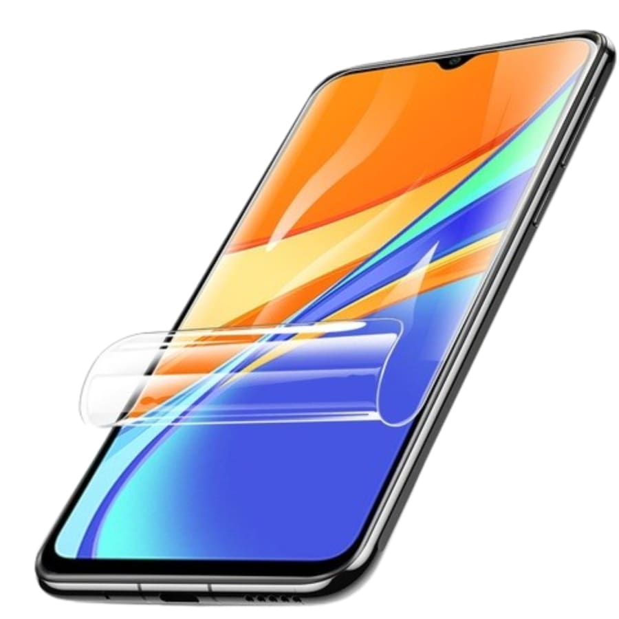 Redmi 9C hydrogel screen protector by 9eight5 showing a clear, flexible film covering the phone screen for protection.