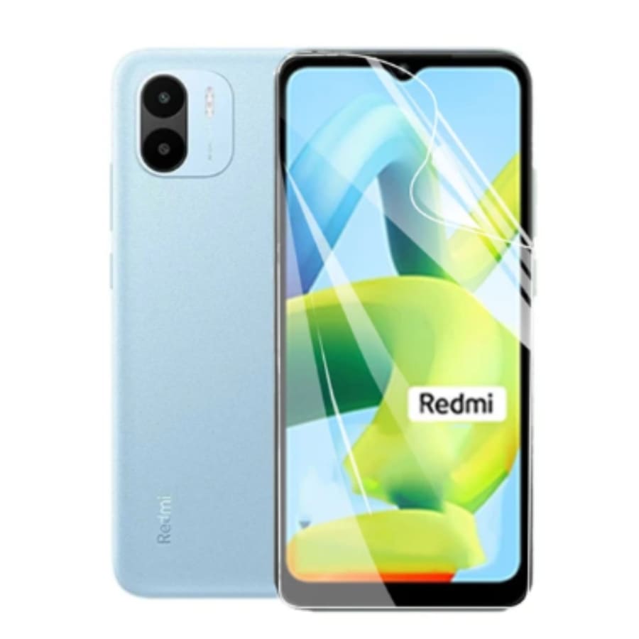 Hydrogel screen protector for Redmi A1 by 9eight5, showing clear, flexible film covering the phone screen for protection and clarity.