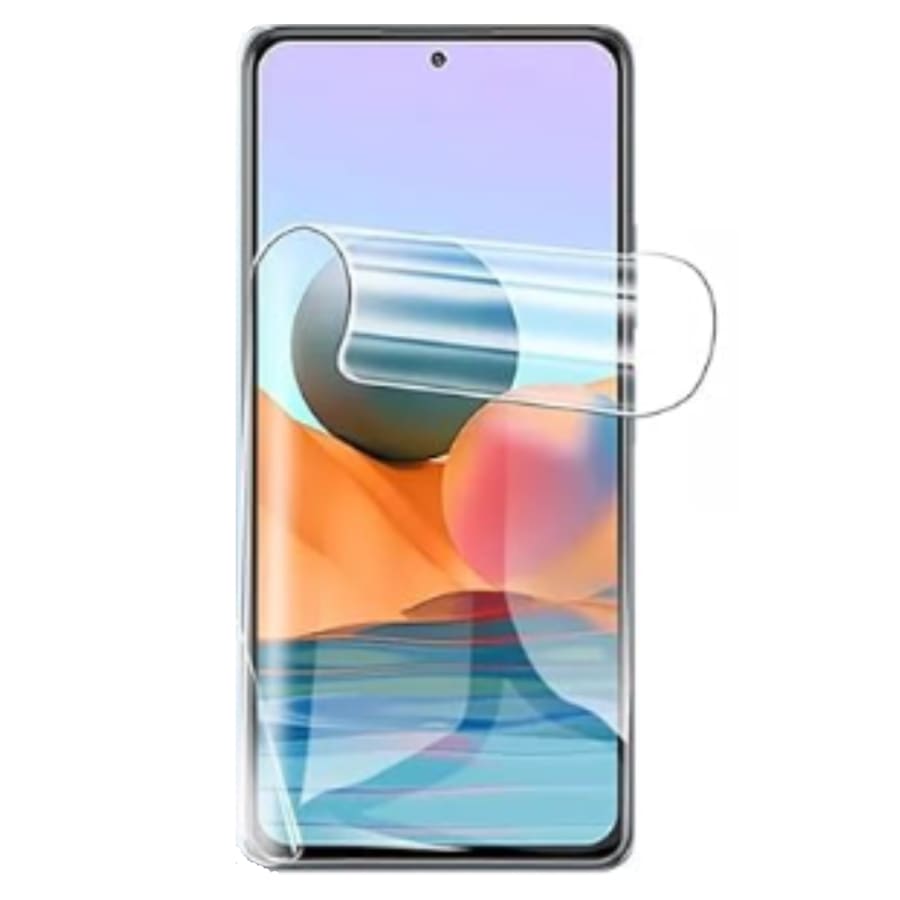 Hydrogel screen protector for Redmi Note 10 by 9eight5, showing a clear, flexible film covering the phone screen.