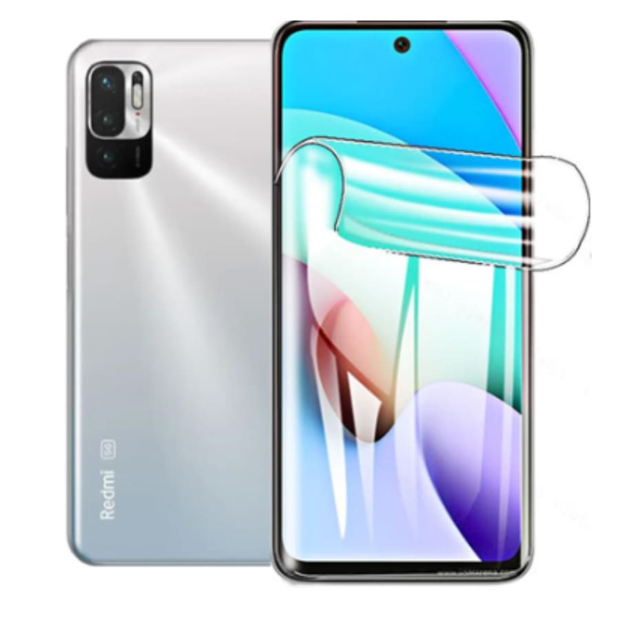Hydrogel screen protector for Redmi Note 10S by 9eight5, showing the clear, flexible film covering a smartphone screen.