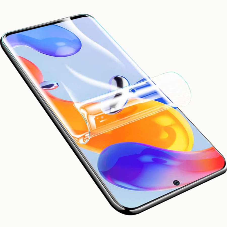 Redmi Note 11 Hydrogel Screen Protector by 9eight5, showing a clear flexible film covering the phone screen for protection.