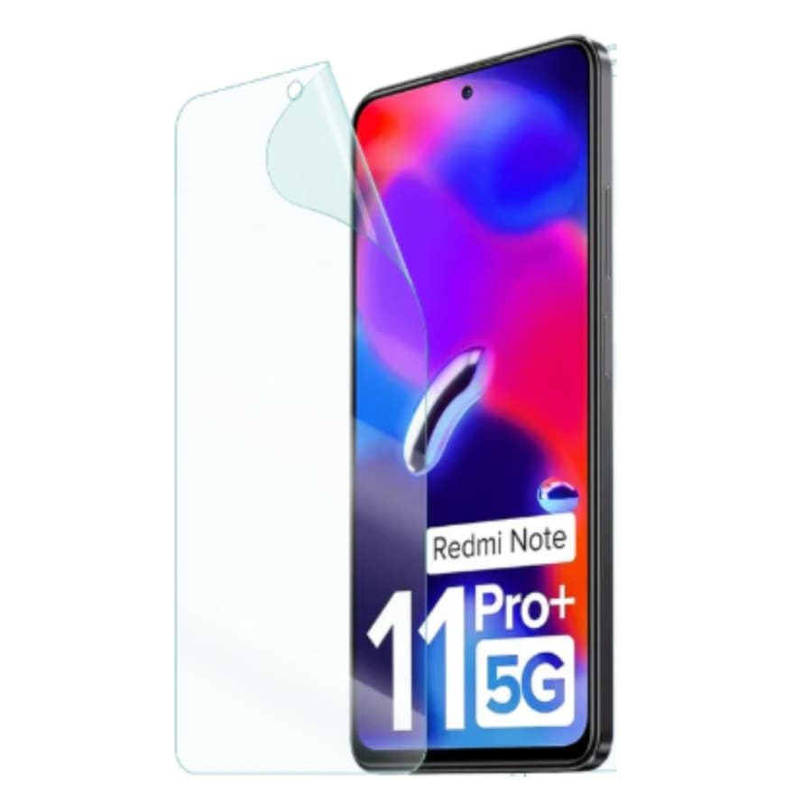 Hydrogel screen protector for Redmi Note 11 Pro+ 5G by 9eight5, pack of 2, showing the protectors fitting the phone screen.