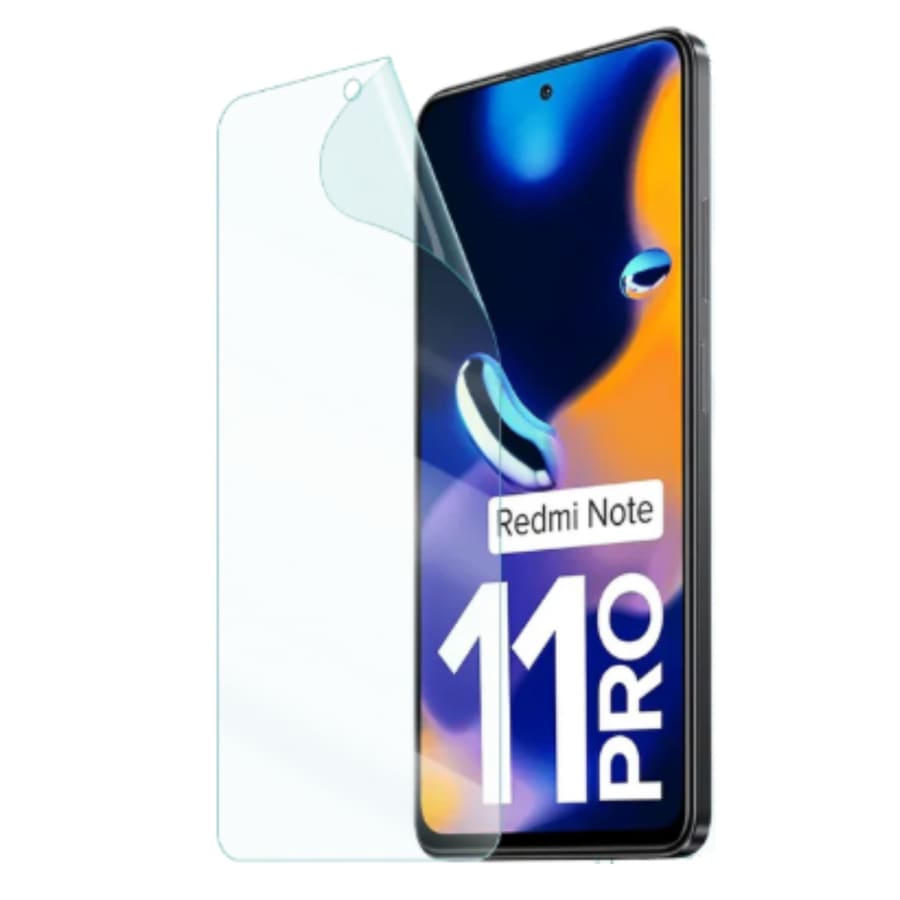Redmi Note 11 Pro hydrogel screen protector by 9eight5, showing a clear, flexible film fitting the phone screen perfectly.