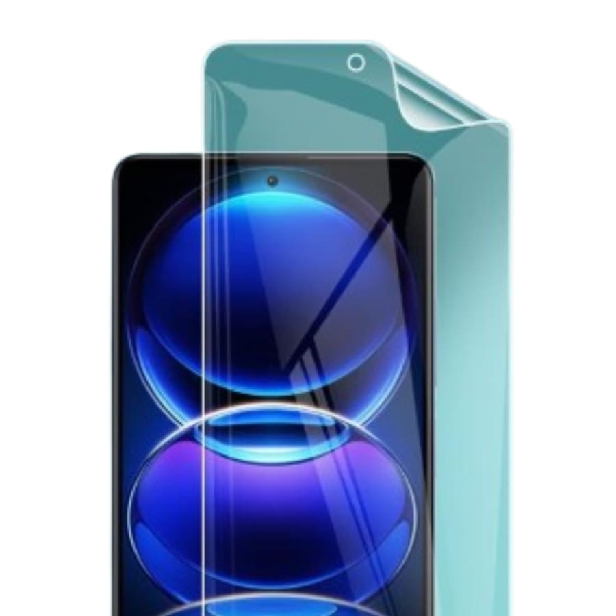 Two 9eight5 hydrogel screen protectors for Redmi Note 12 Pro, showing clear film covers with precise cutouts for the device.