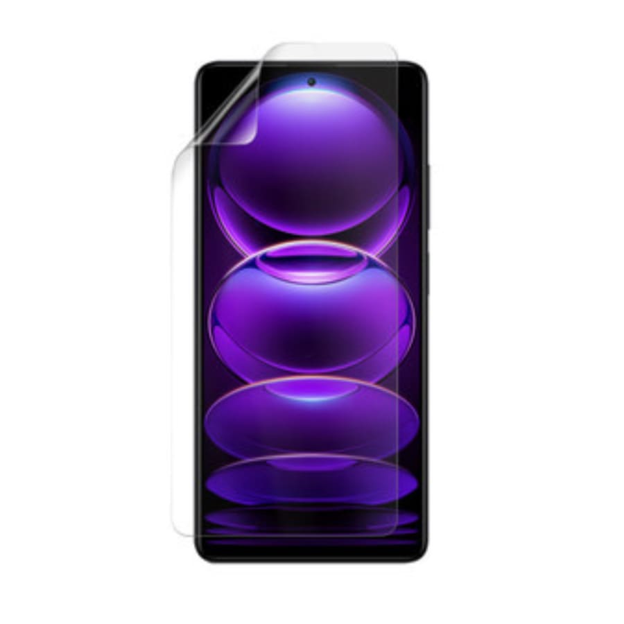 Two 9eight5 hydrogel screen protectors for Redmi Note 12R displayed in the image, designed to protect the phone screen.