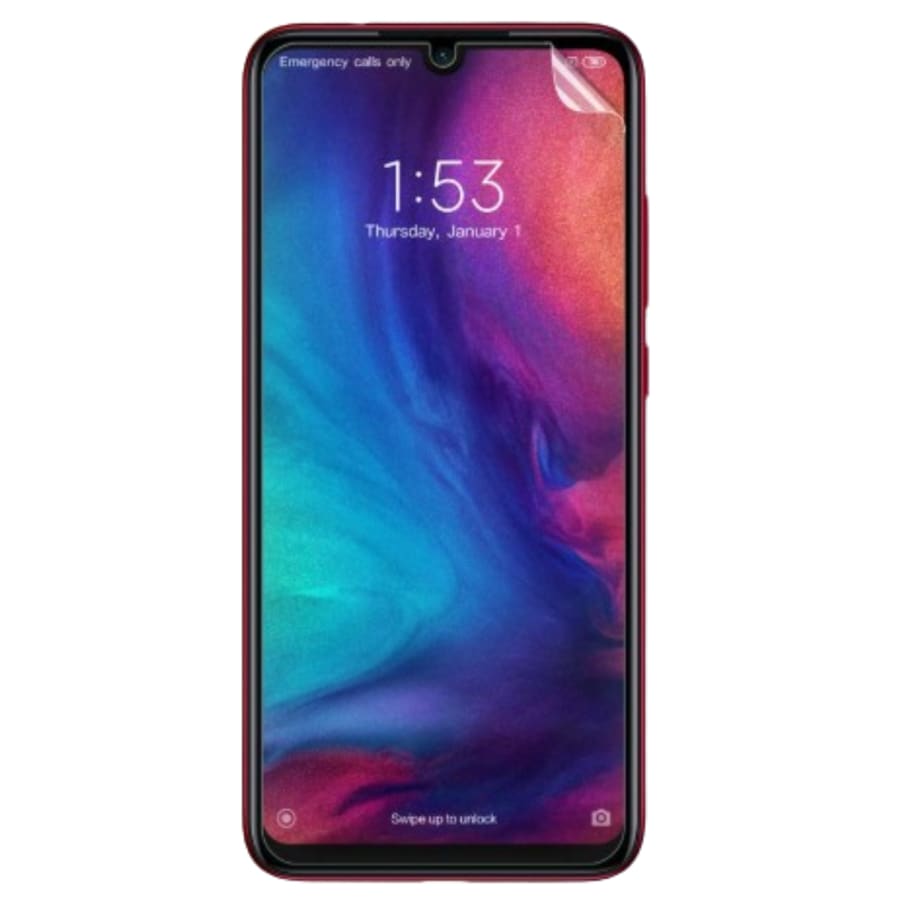 Hydrogel screen protector for Redmi Note 7 Pro by 9eight5, showing the flexible, transparent film fitting the phone screen.