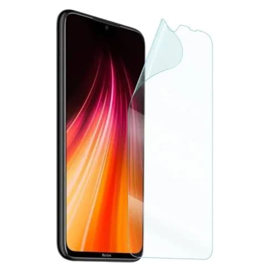 Hydrogel screen protector for Redmi Note 8 by 9eight5, showing a clear, flexible film covering the phone screen.