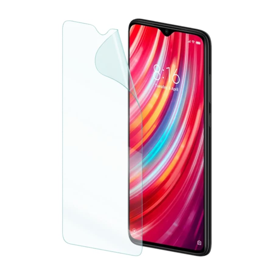 Hydrogel screen protector for Redmi Note 8 Pro by 9eight5, showing the clear, flexible film fitting the phone screen.