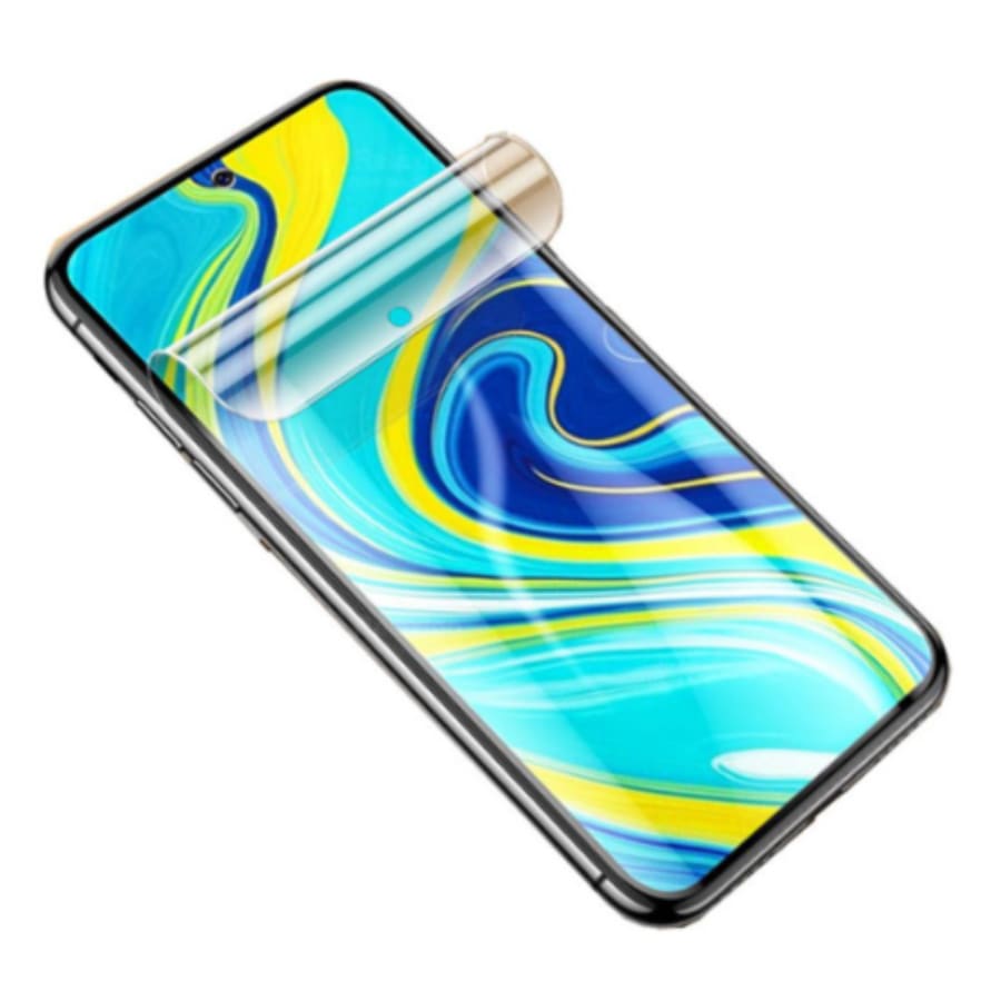 Hydrogel screen protectors for Redmi Note 9 by 9eight5, showing two flexible, transparent protectors with precise cutouts for the phone.