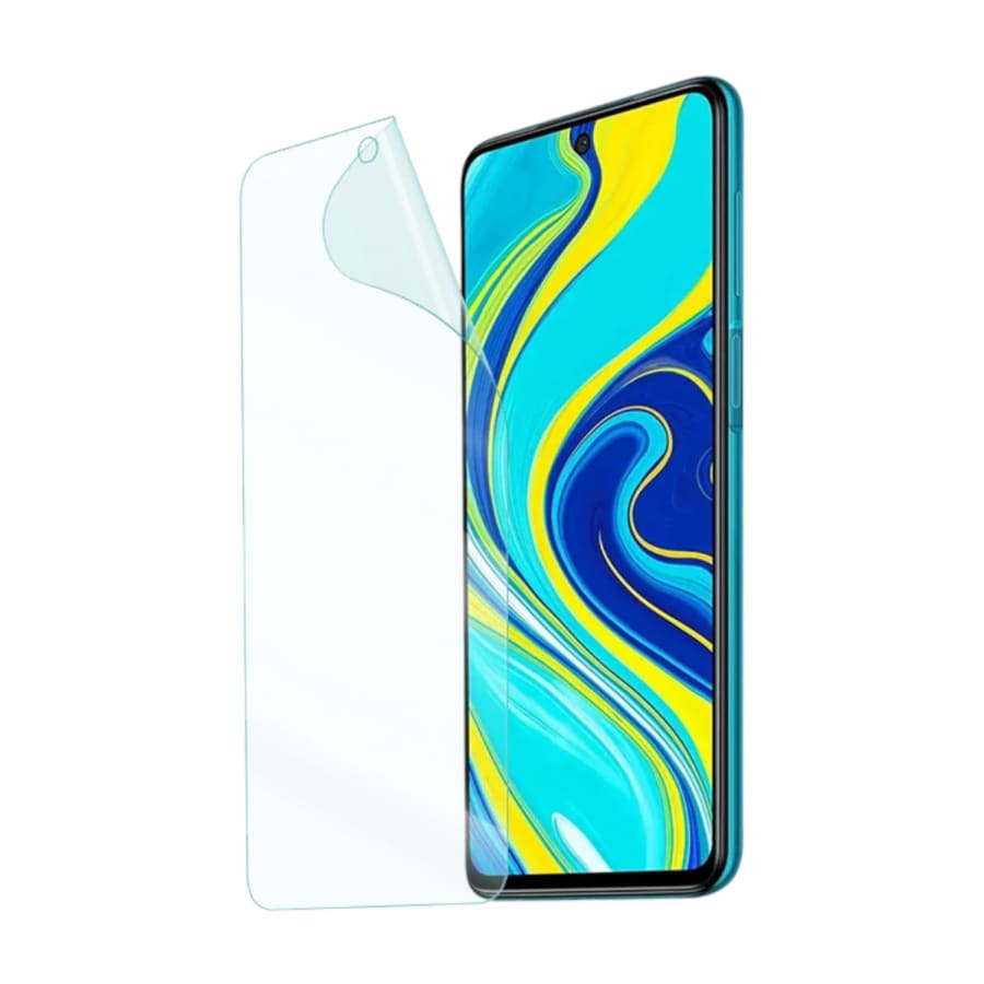 Hydrogel screen protector for Redmi Note 9 Pro Max by 9eight5, shown in a pack of two on a smartphone screen.