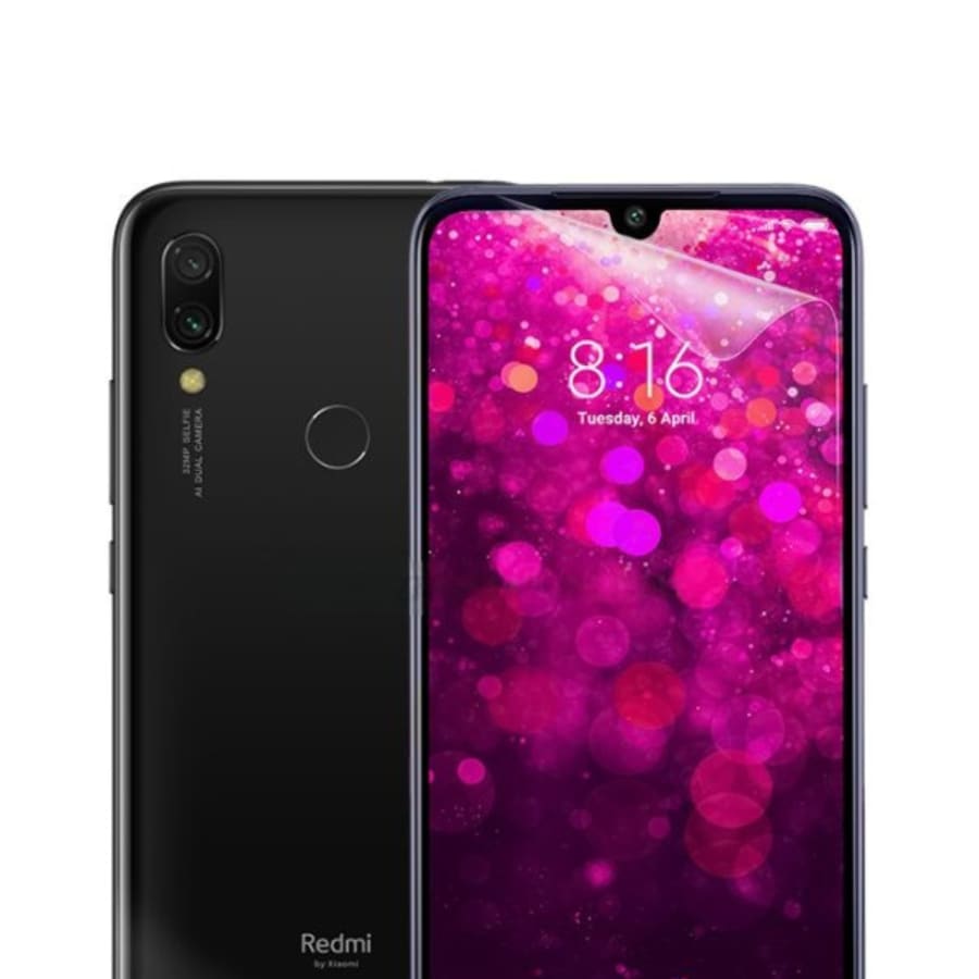 Redmi Y3 Hydrogel Screen Protector by 9eight5 installed on phone, showing clear, flexible, protective film for screen protection.
