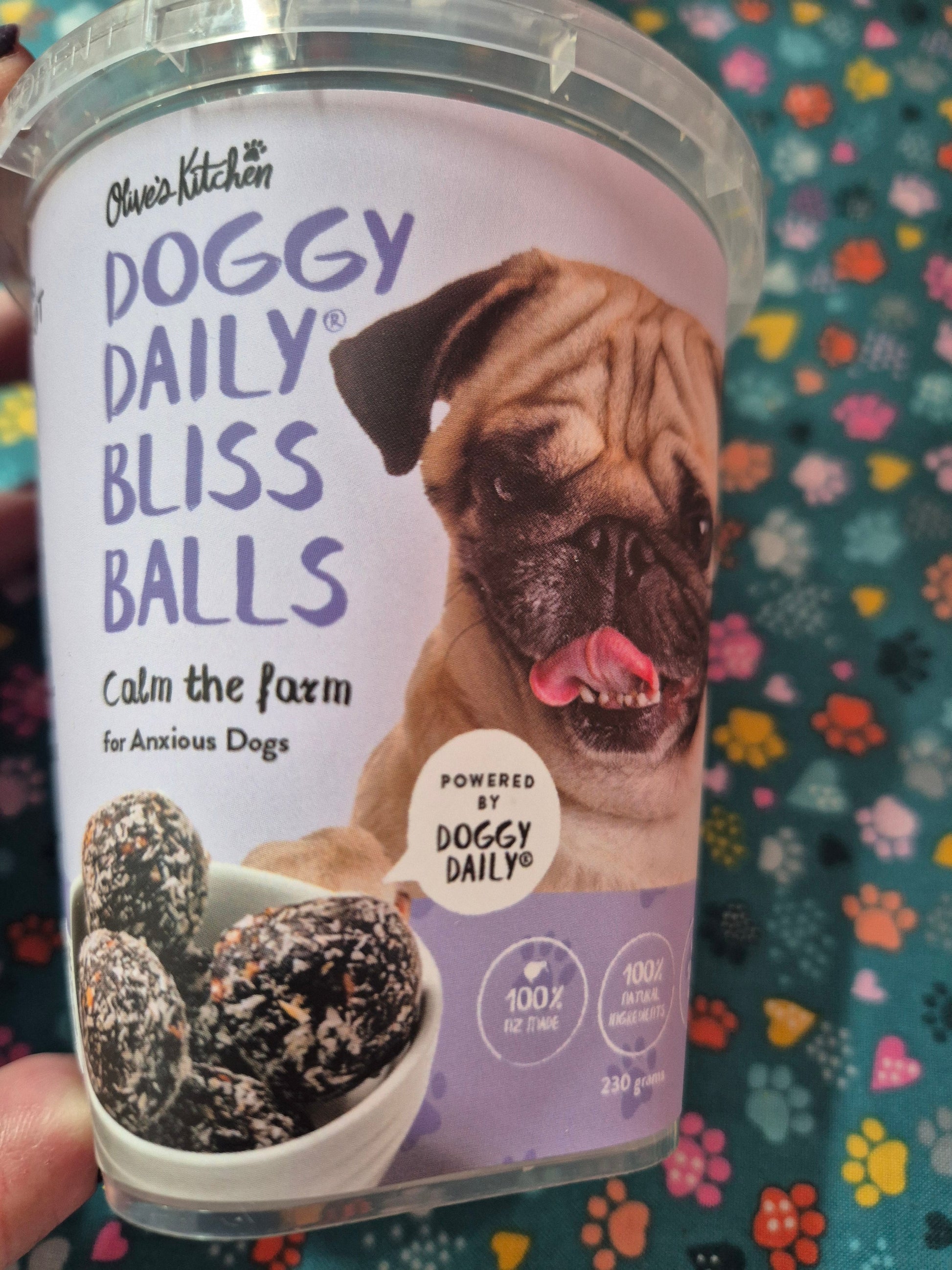 Doggy Daily Bliss Balls from Calm The Farm by Animal Addiction Limited, natural dog treats with calming ingredients in a close-up image.