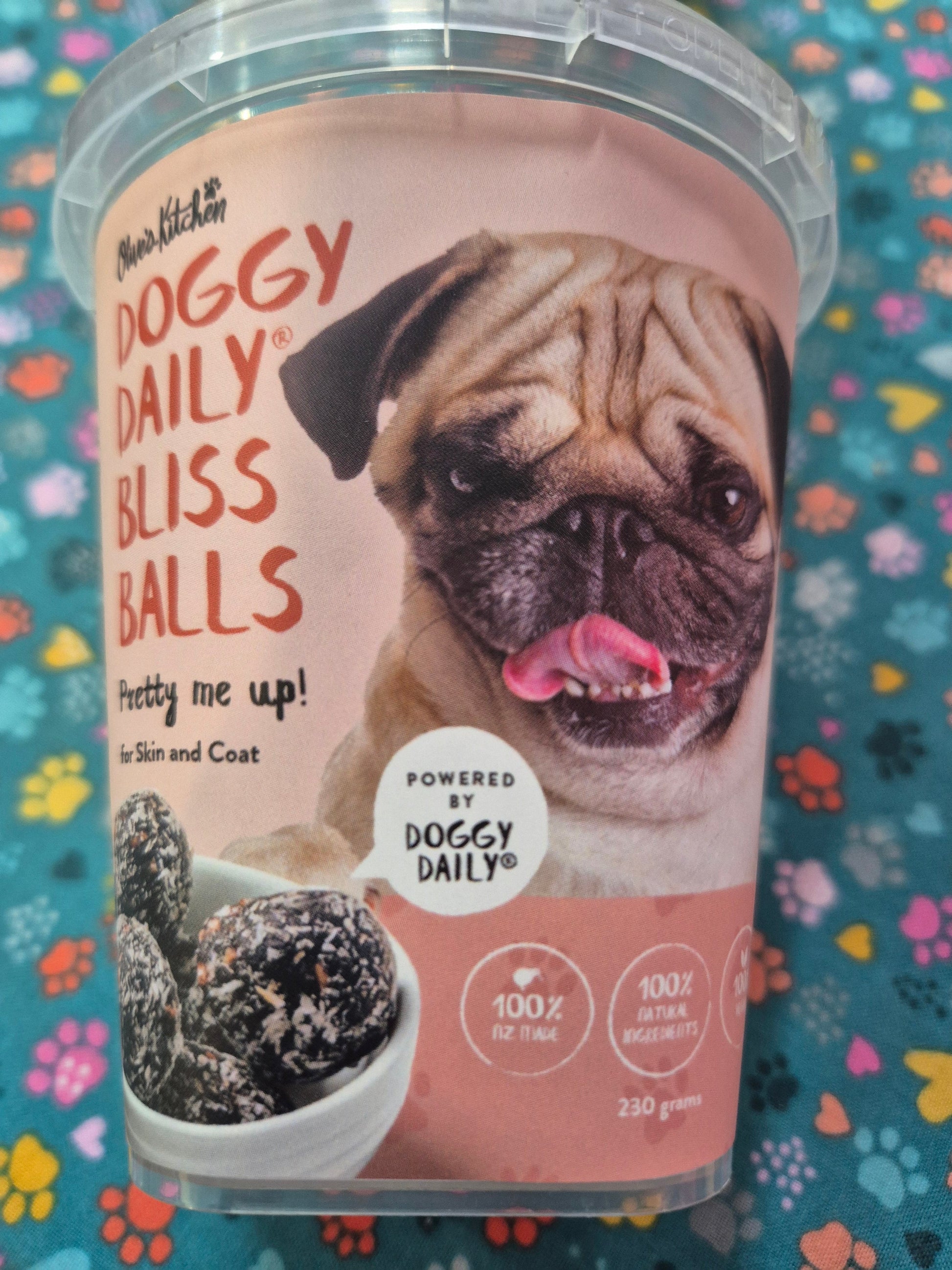 Doggy Daily Bliss Balls by Animal Addiction Limited, natural dog treats with colorful, bite-sized treats for pets.