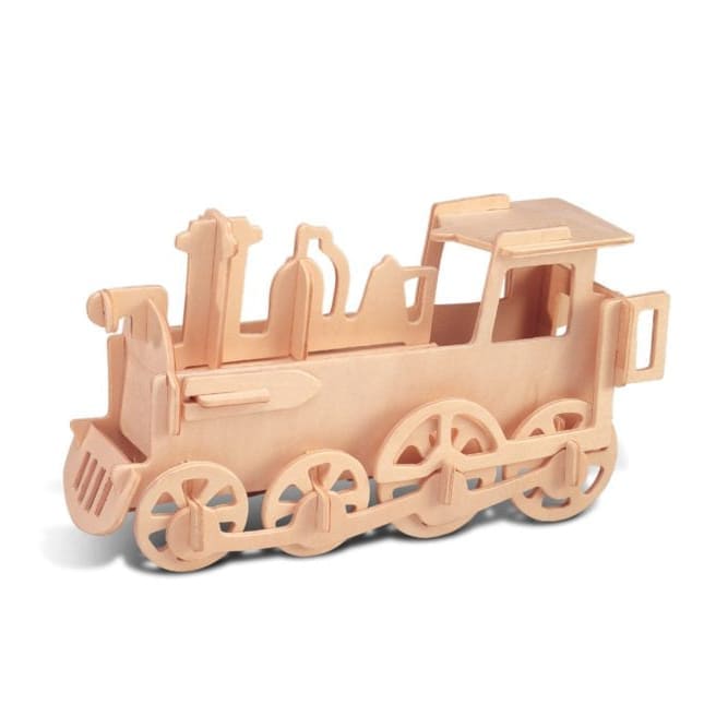 Colorful 3D puzzle of a rolling locomotive by 9eight5, with detailed train design and vibrant colors on a white background.