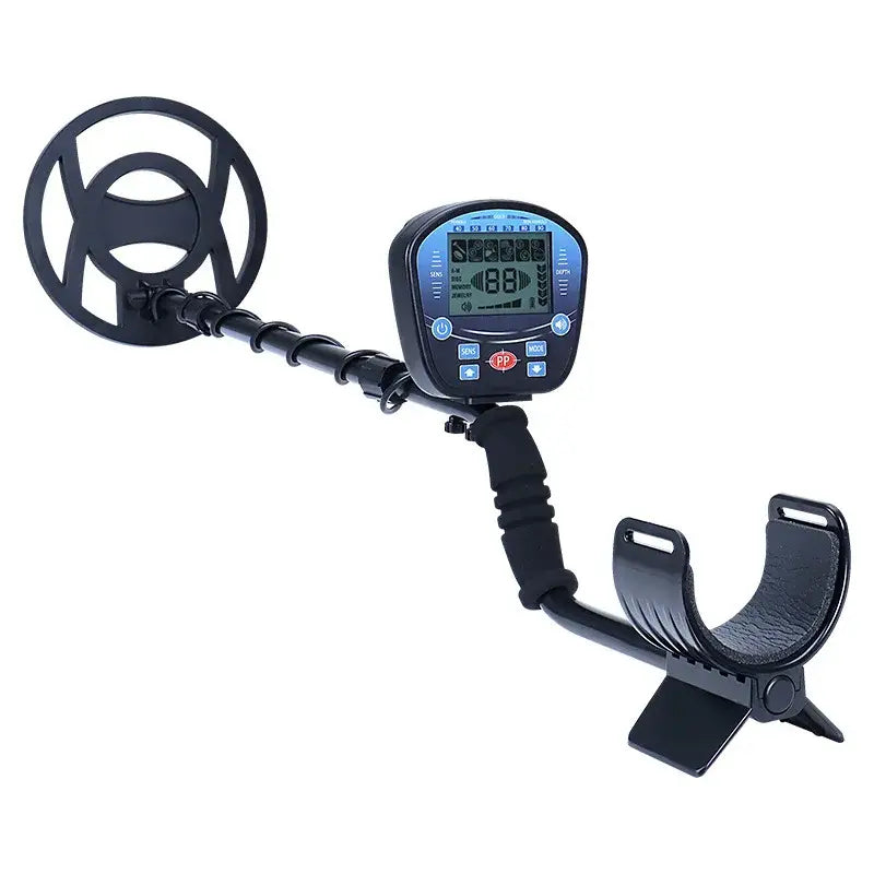 Habicare S27 HBC metal detector for underground gold and treasure hunting, handheld device with search coil and control panel.
