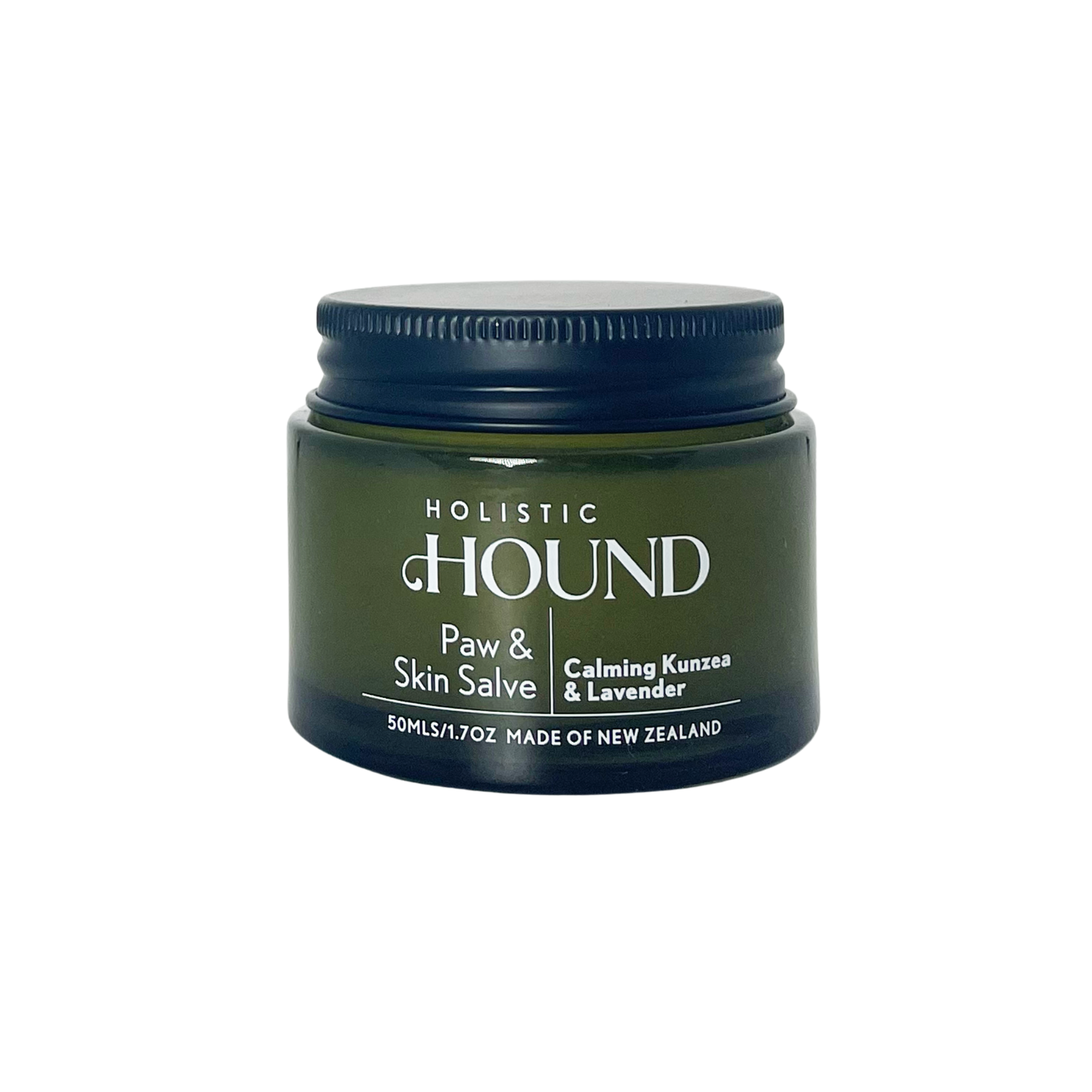 Holistic Hound Paw & Skin Salve by Animal Addiction Limited in a 50g jar, showing the natural herbal salve for pet skin care.