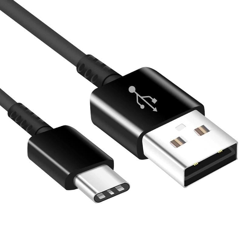 Black 9eight5 USB Type C charger cable for Samsung phones and tablets, 1.2 meters long, shown connected to a device.