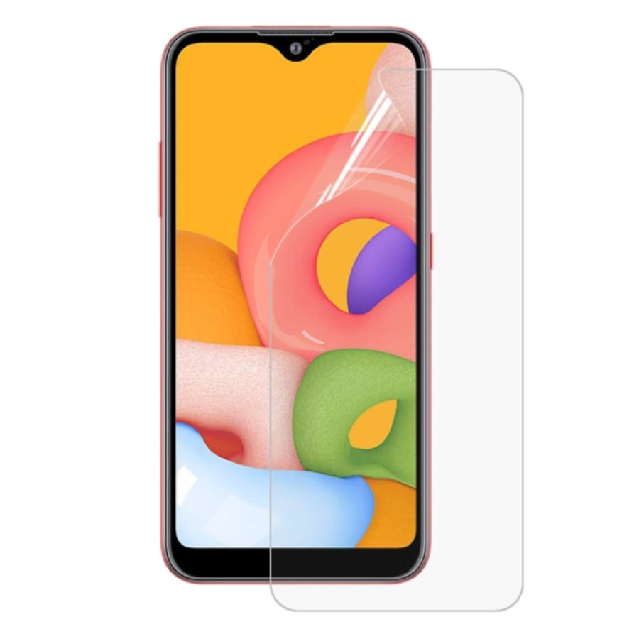 Hydrogel screen protector for Samsung Galaxy A01 by 9eight5, shown fitted on the phone with clear edge coverage.