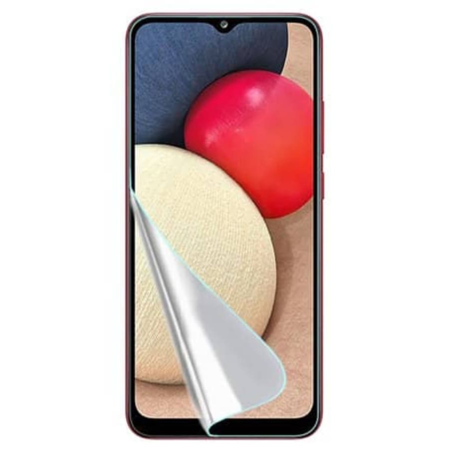 Hydrogel screen protector for Samsung Galaxy A02S by 9eight5, showing the clear, flexible film fitting over the phone screen.