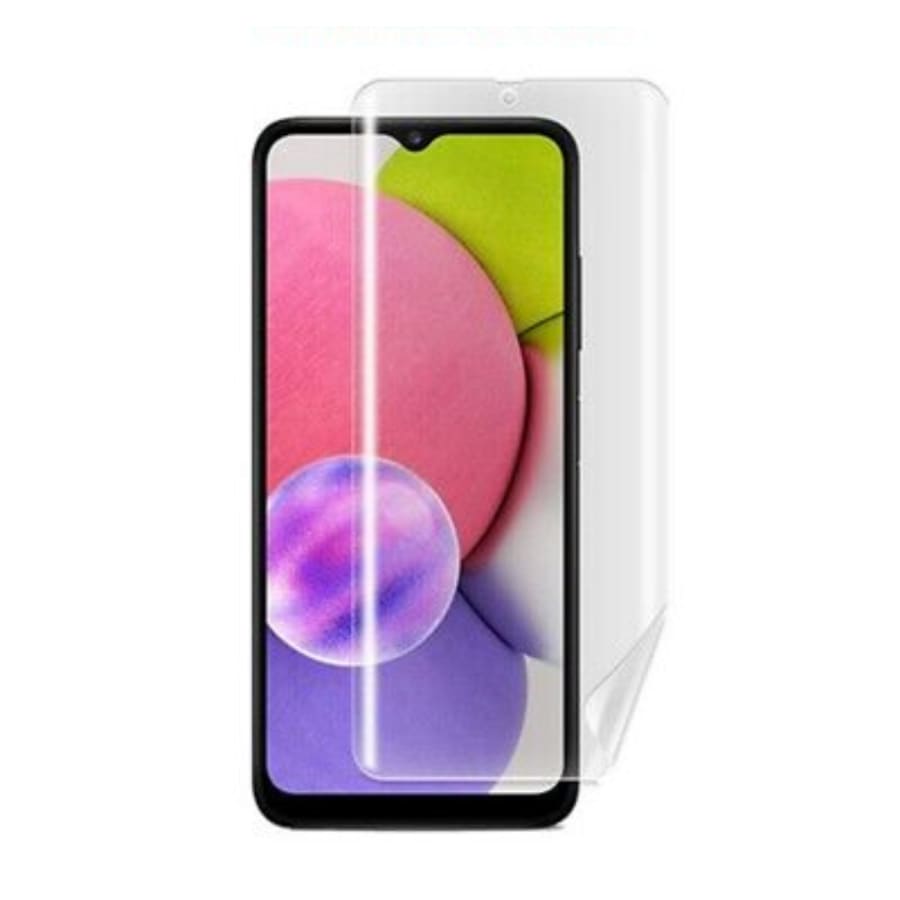 Hydrogel screen protector for Samsung Galaxy A03 and A03S by 9eight5, showcasing the clear, flexible film fitting the phone screen.