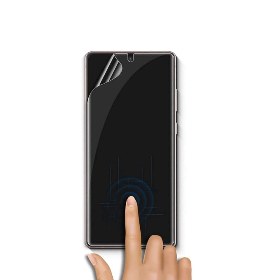 Hydrogel screen protectors for Samsung Galaxy A10, A10e, A10s 6.2-inch by 9eight5, pack of 2, showing the flexible protectors.
