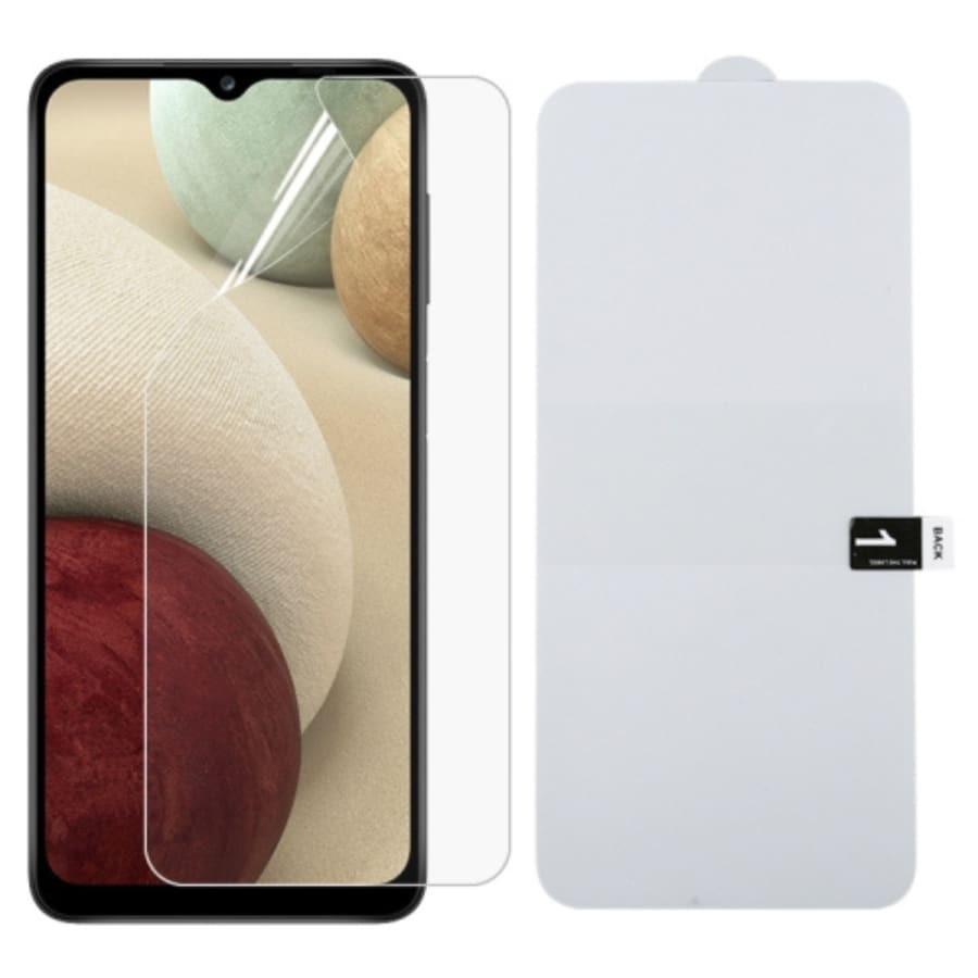 Hydrogel screen protector for Samsung Galaxy A12 by 9eight5, showing a clear, flexible film covering the phone screen.