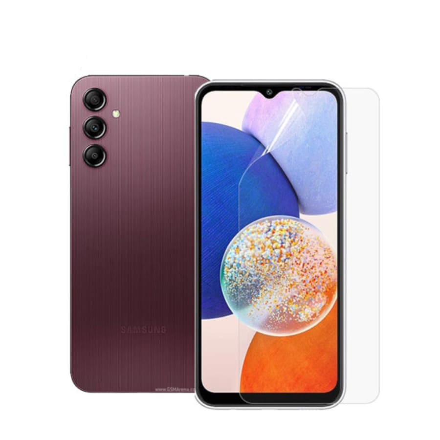 Hydrogel screen protector for Samsung Galaxy A14 4G/5G by 9eight5, showing a clear, flexible film covering the phone screen.