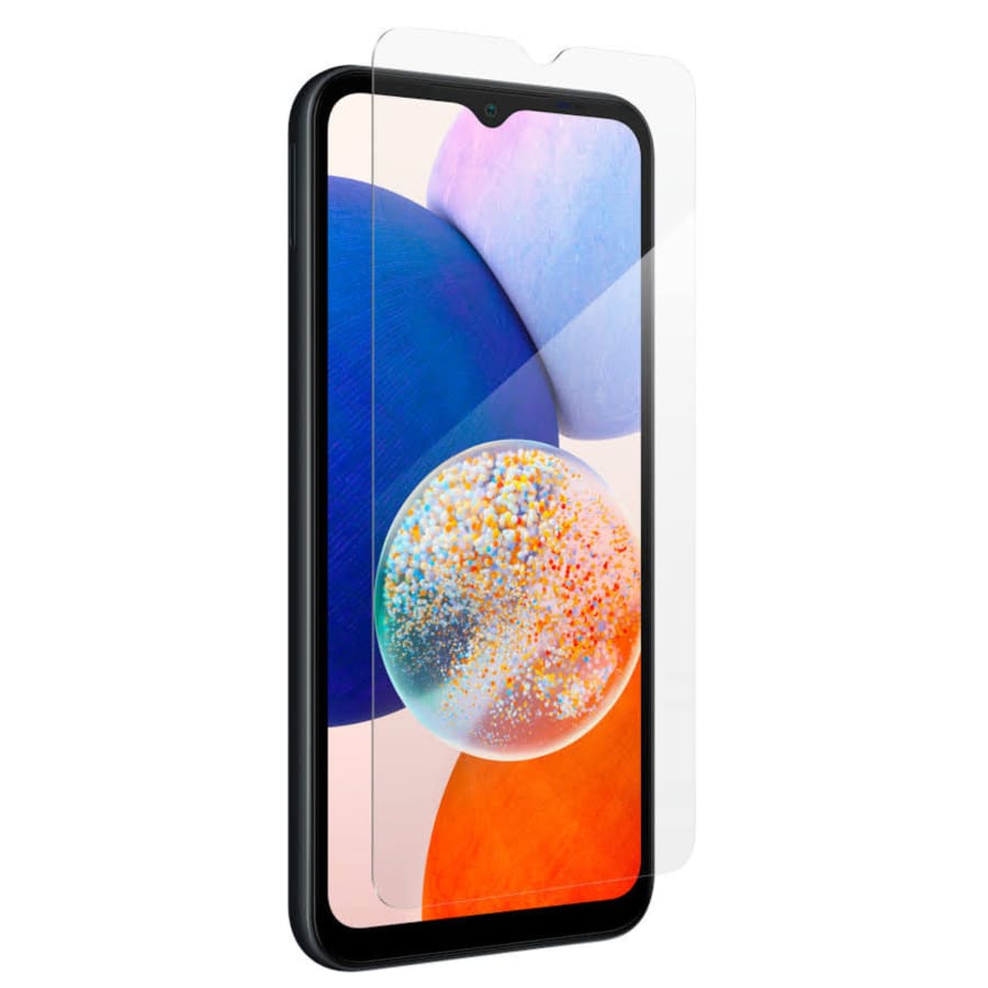 Two 9eight5 screen protectors for Samsung Galaxy A14 4G/5G smartphone, showing clear, smooth glass surface with precise cutouts.