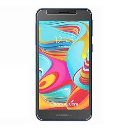 Clear 9eight5 screen protector for Samsung Galaxy A2 Core, showing a transparent protective film on the device screen.