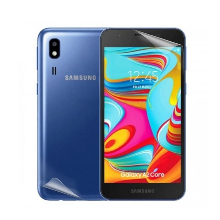 Hydrogel screen protector for Samsung Galaxy A2 Core by 9eight5, showing the clear film fitting over the phone screen.