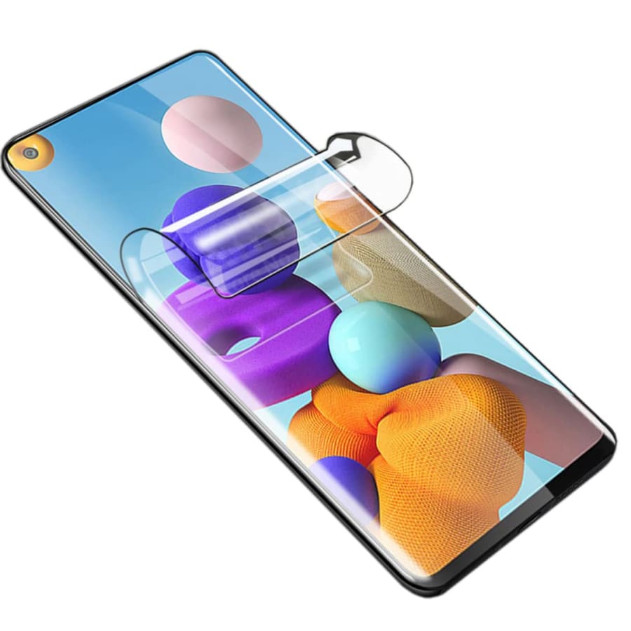 Hydrogel screen protector for Samsung Galaxy A21S by 9eight5, showing the clear, flexible film applied on the phone screen.