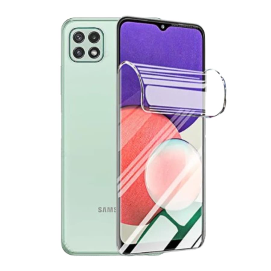 Hydrogel screen protectors for Samsung Galaxy A22 4G, 6.4-inch, by 9eight5, shown in a pack of two on the device.