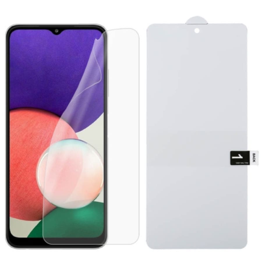 Hydrogel screen protectors for Samsung Galaxy A22 by 9eight5, pack of 2, showing the protectors applied to the phone screen.